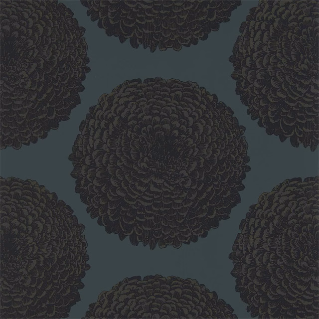 Deep teal wallpaper with charcoal layered chrysanthemum rosettes in a large repeat