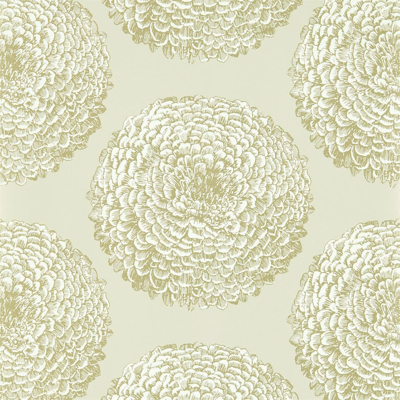 Pale pearl-sage wallpaper with large layered chrysanthemum medallions and ivory highlights
