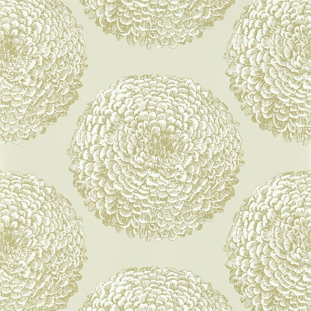 Pale pearl-sage wallpaper with large layered chrysanthemum medallions and ivory highlights