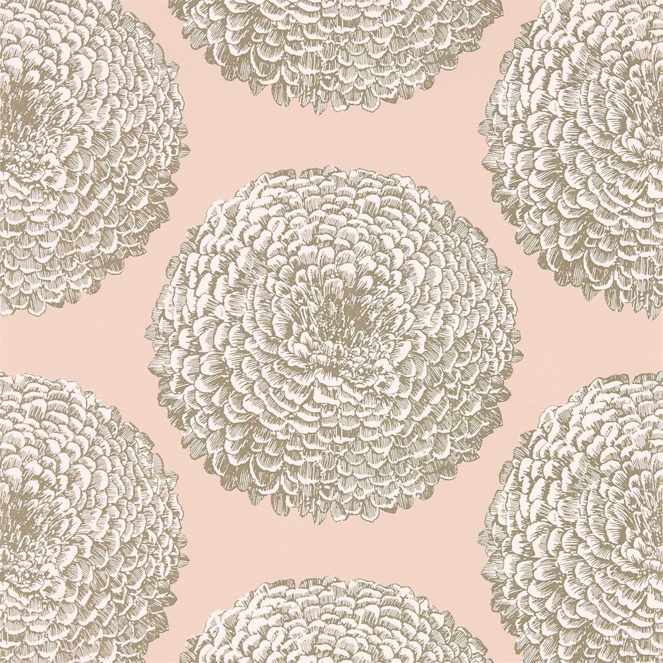 Dusky pink wallpaper with oversized ivory blooms and intricate grey petal outlines