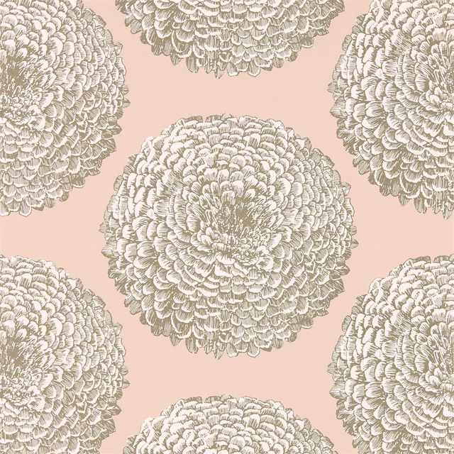 Dusky pink wallpaper with oversized ivory blooms and intricate grey petal outlines