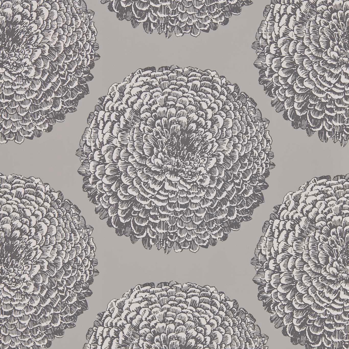 Titanium-grey wallpaper with oversized charcoal chrysanthemum blooms and intricate layered petals