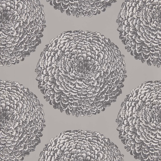 Titanium-grey wallpaper with oversized charcoal chrysanthemum blooms and intricate layered petals