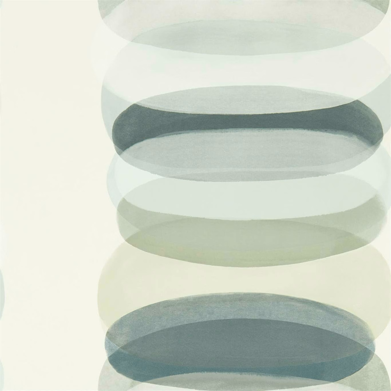 Large overlapping charcoal and sage elliptical bands on a pale ground