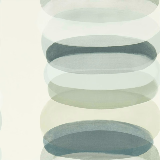 Large overlapping charcoal and sage elliptical bands on a pale ground
