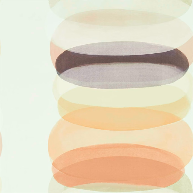 Muted plum ellipse layered with lilac, peach and mint horizontal bands