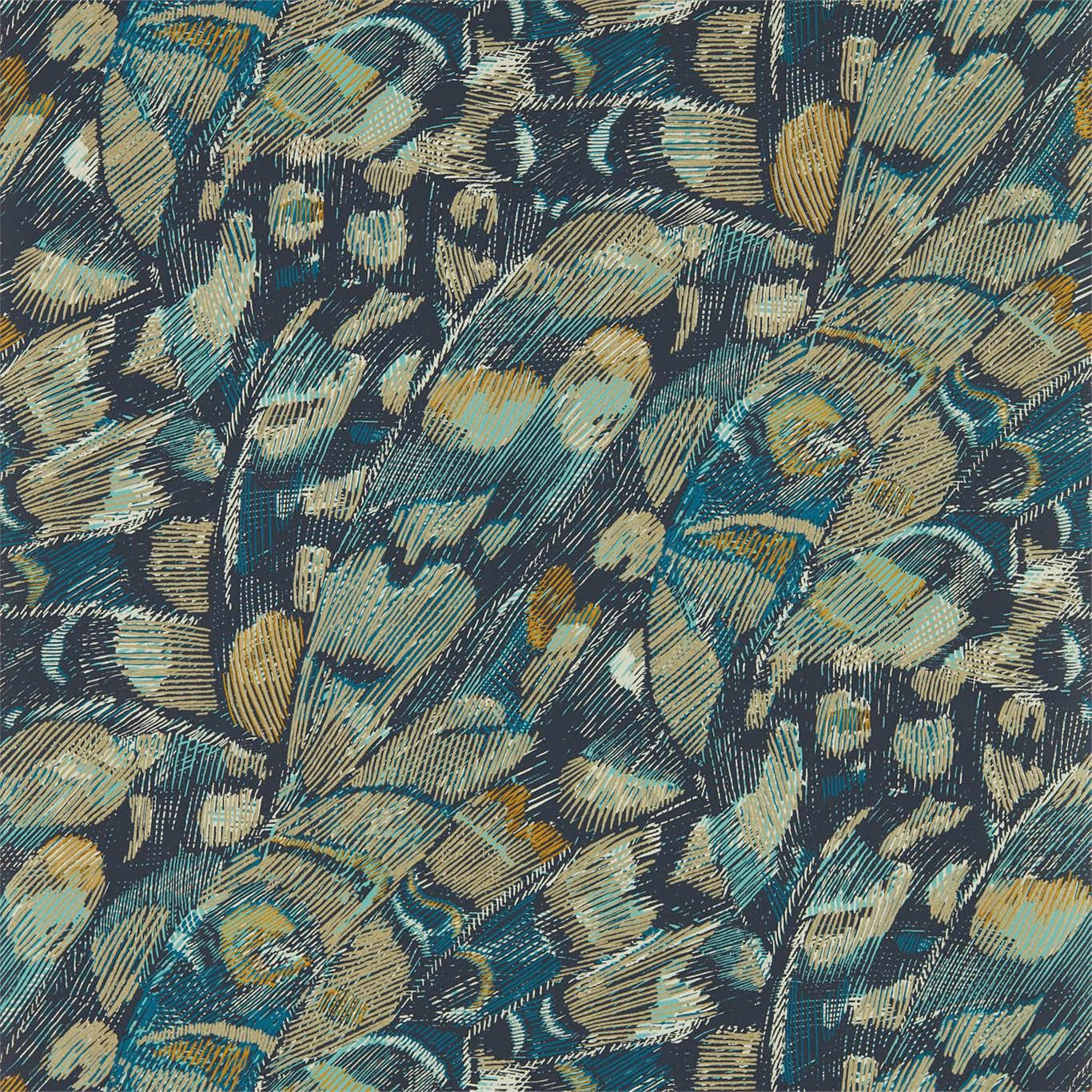Ink navy wallpaper with teal, cream and ochre abstract botanical brushstrokes