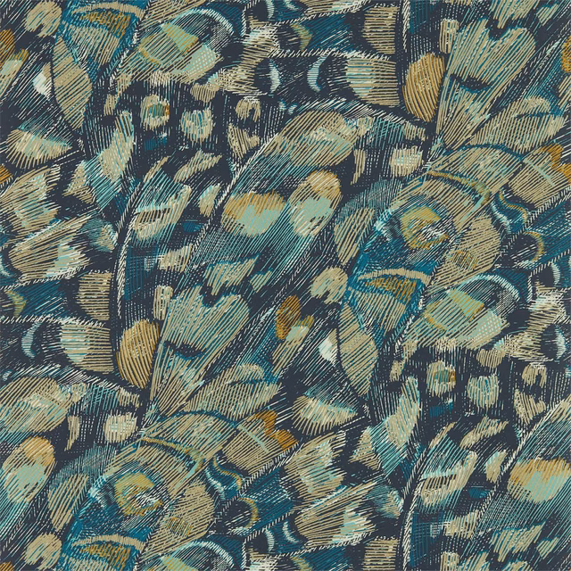 Ink navy wallpaper with teal, cream and ochre abstract botanical brushstrokes