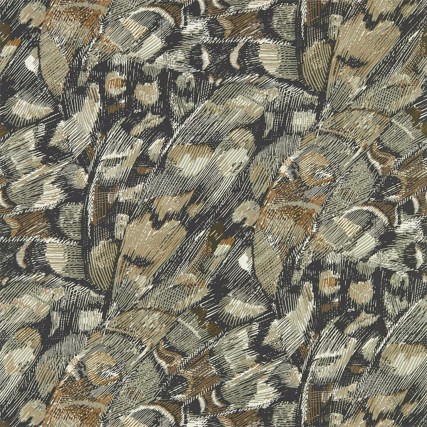 Charcoal wallpaper with bronze and cream painterly botanical leaves and fine diagonal hatching