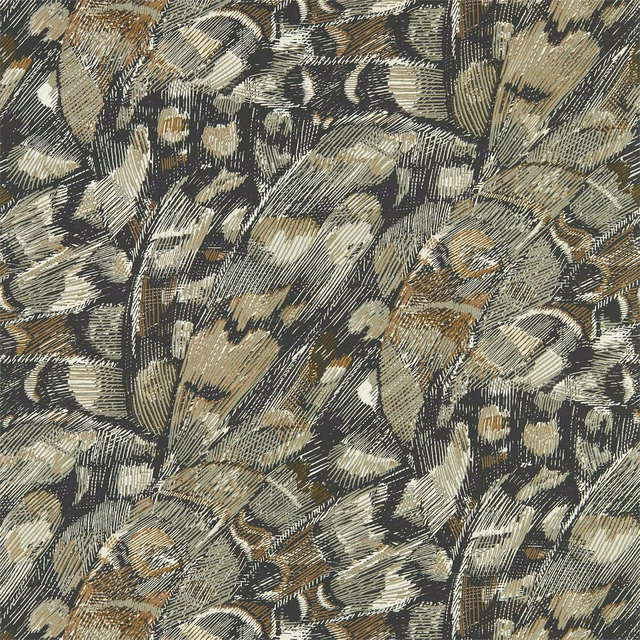 Charcoal wallpaper with bronze and cream painterly botanical leaves and fine diagonal hatching