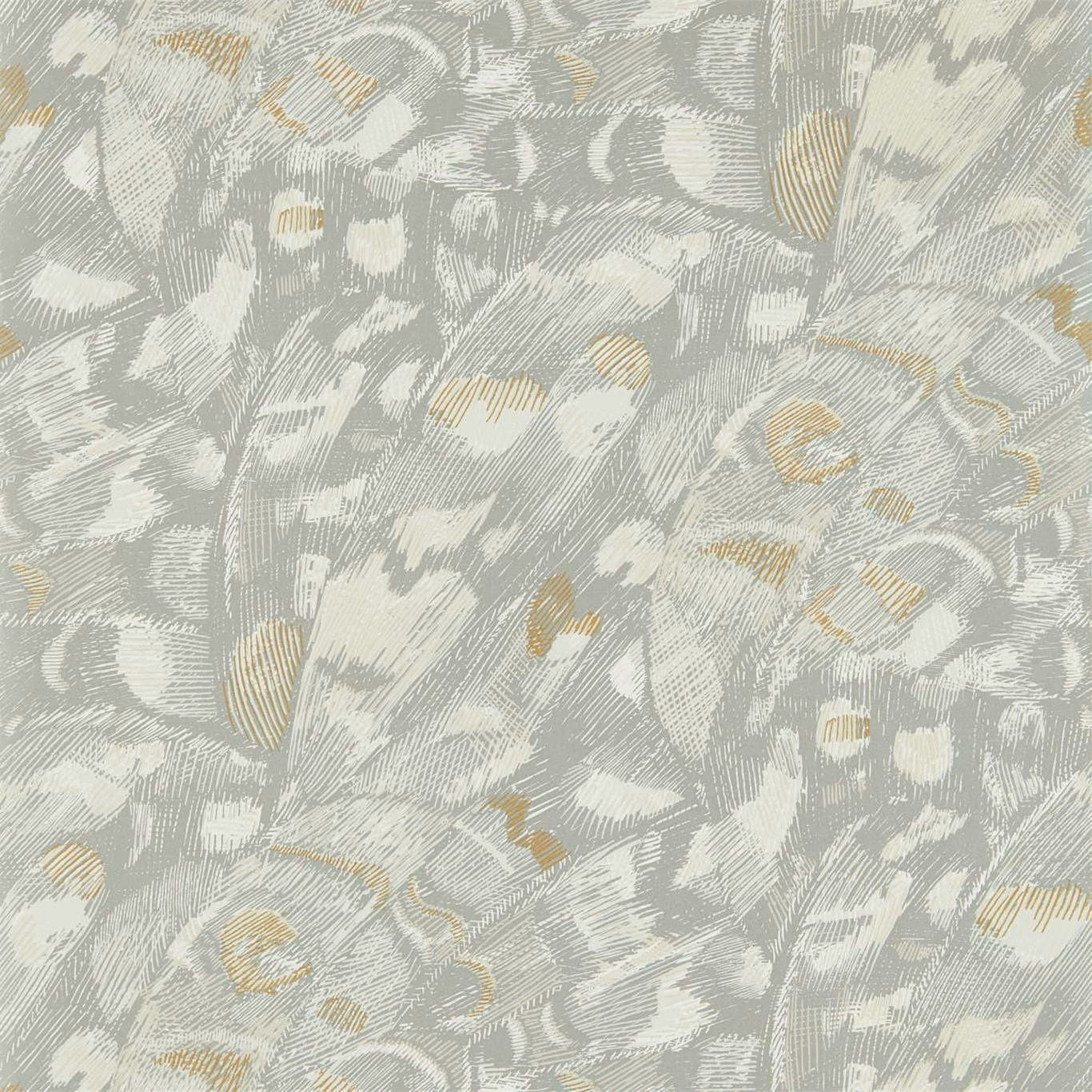 Titanium grey and oyster abstract wallpaper with fine linear marks and muted gold accents