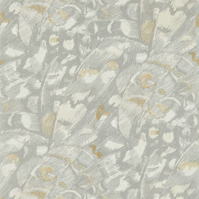 Titanium grey and oyster abstract wallpaper with fine linear marks and muted gold accents
