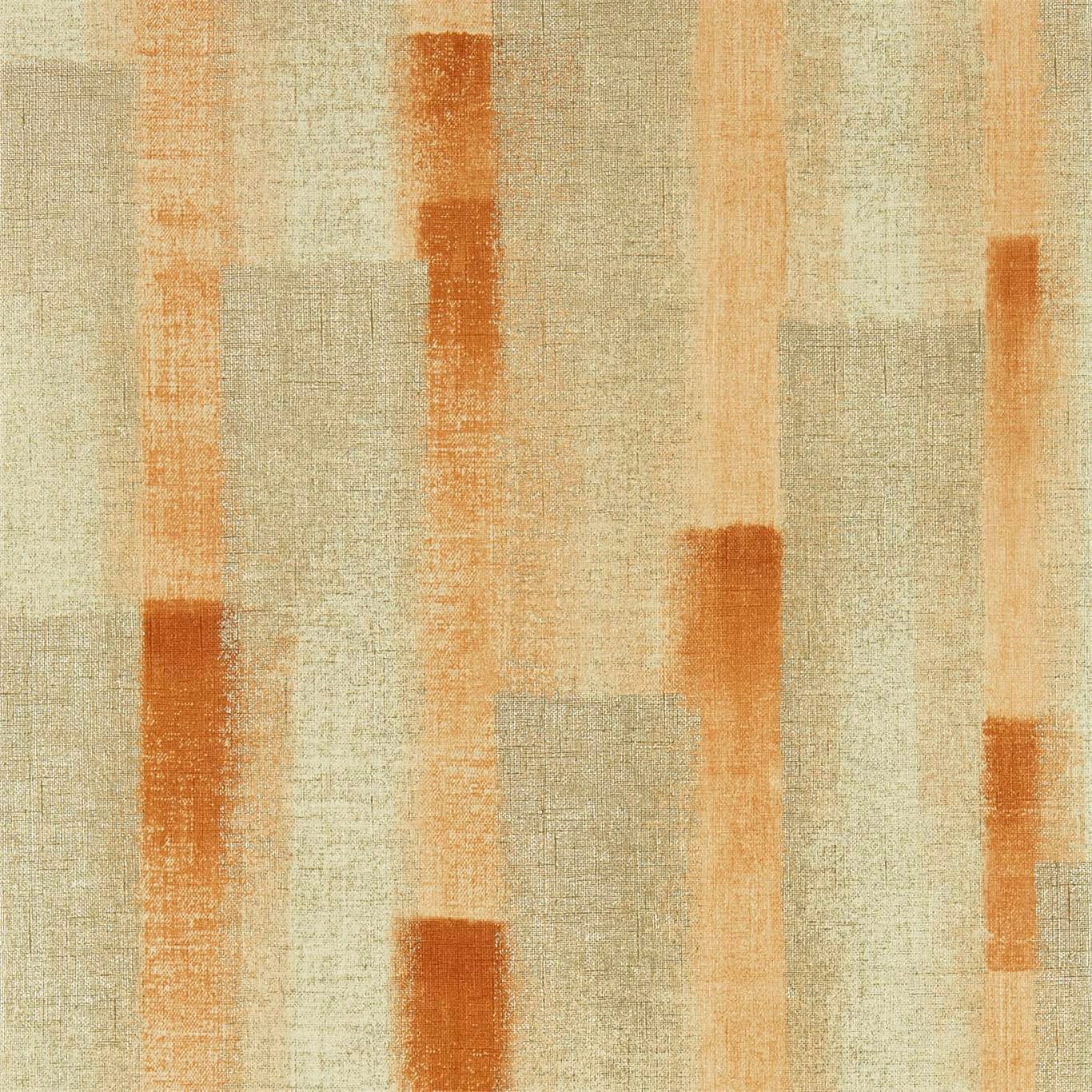 Sage and cream wallpaper with irregular cayenne terracotta vertical blocks and fine crosshatched texture