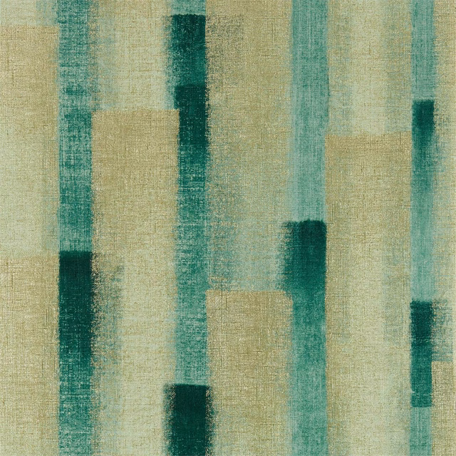 Emerald teal wallpaper with sandy vertical blocks and a dry woven texture