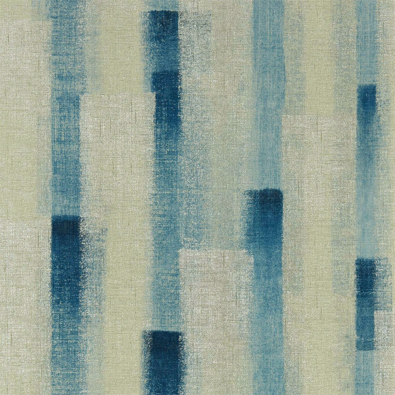 Pale mineral wallpaper with vertical ink-blue and aqua brush blocks