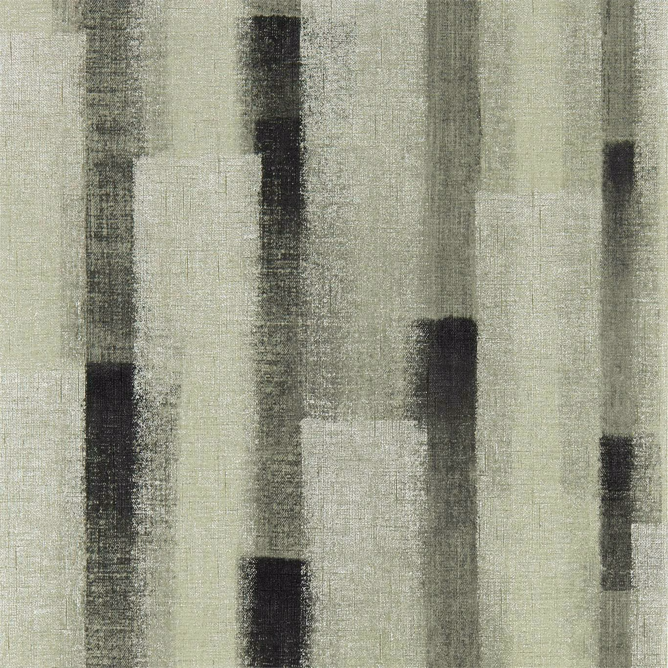 Charcoal vertical blocks over a pale sage-grey distressed striped wallpaper ground