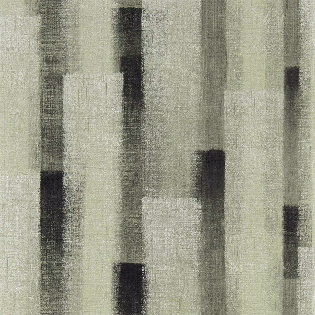Charcoal vertical blocks over a pale sage-grey distressed striped wallpaper ground