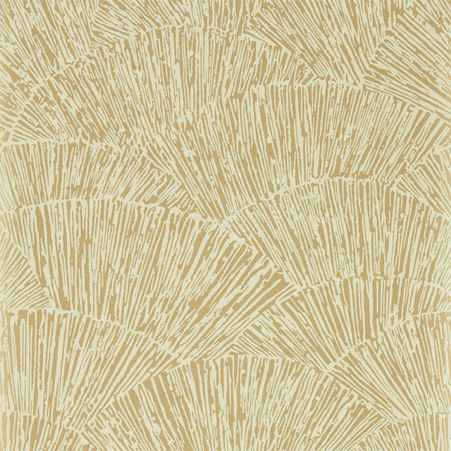 Warm bronze wallpaper with cream fan-like linear arcs and branching detail