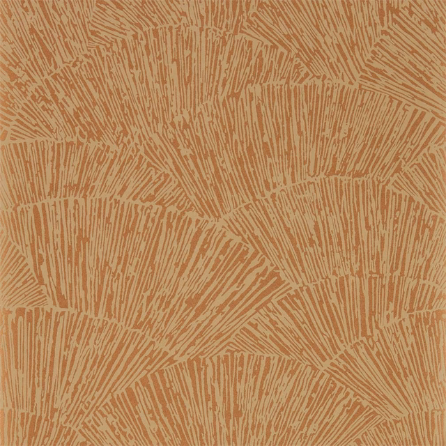 Muted copper terracotta wallpaper with pale radiating linear fan motifs