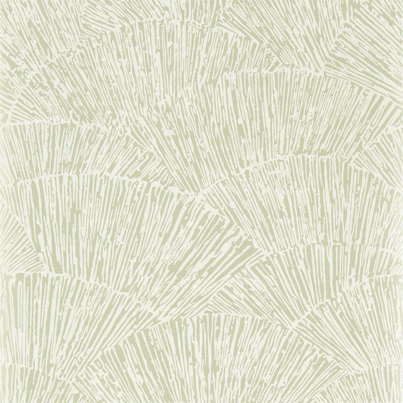 Pale oyster wallpaper with muted sage radiating fan lines and fine distressed detail