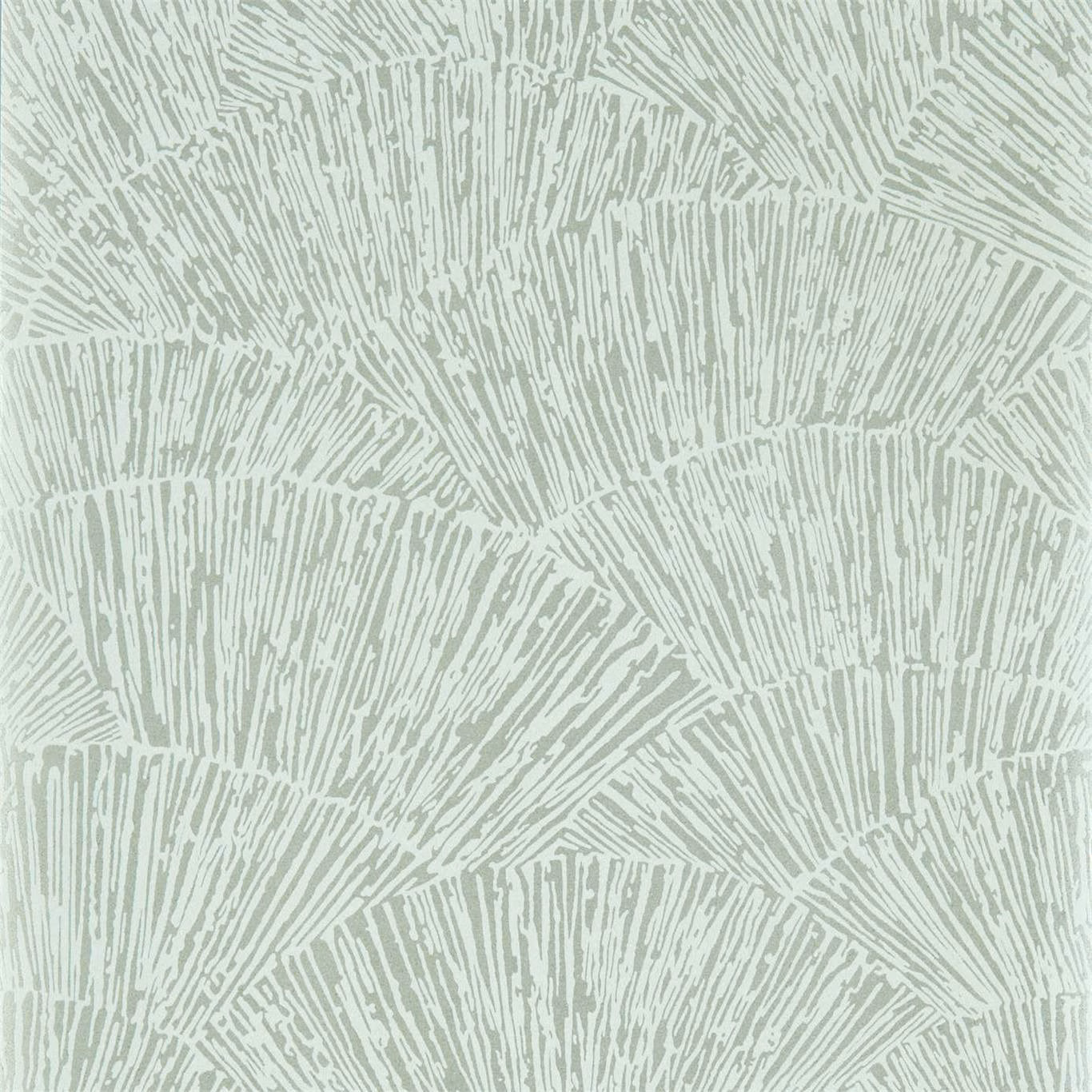 Pale sage-grey wallpaper with overlapping ivory linear fan motifs