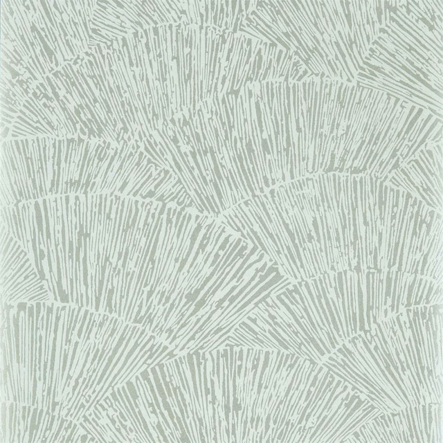 Pale sage-grey wallpaper with overlapping ivory linear fan motifs