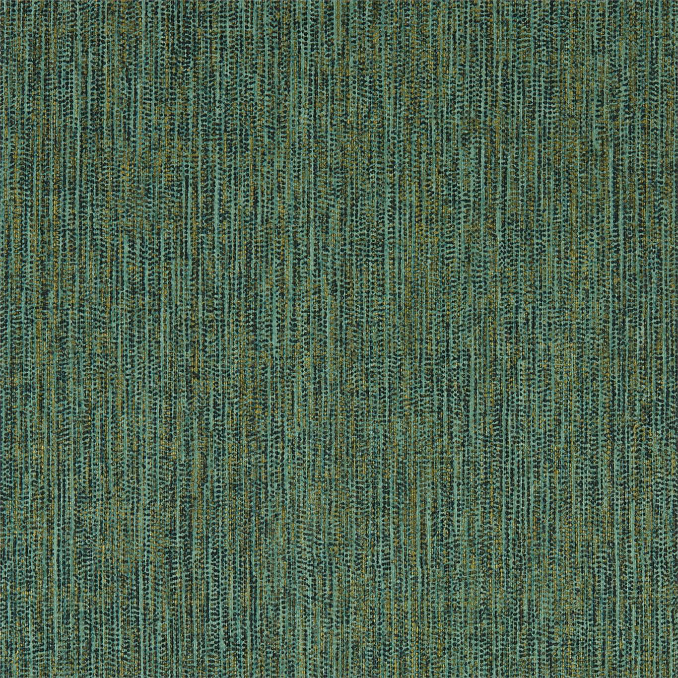Deep emerald wallpaper with teal and olive flecks in fine vertical striations