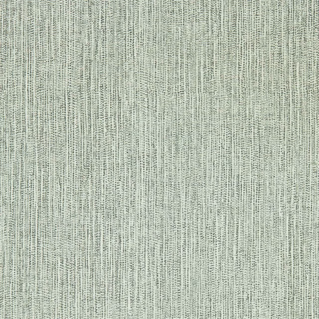 Pale sage-grey wallpaper with fine irregular vertical striations and a softly mineral texture
