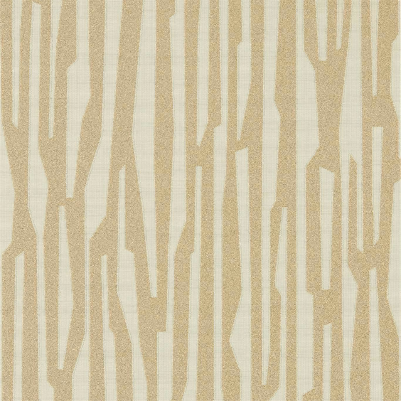 Warm bronze wallpaper with irregular ivory vertical bands and subtle linear texture.