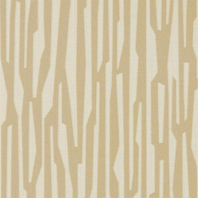 Warm bronze wallpaper with irregular ivory vertical bands and subtle linear texture.