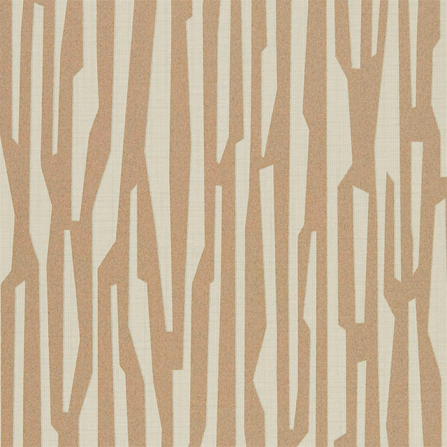 Warm rose-gold and cream wallpaper with irregular vertical geometric stripes and fine linear grain