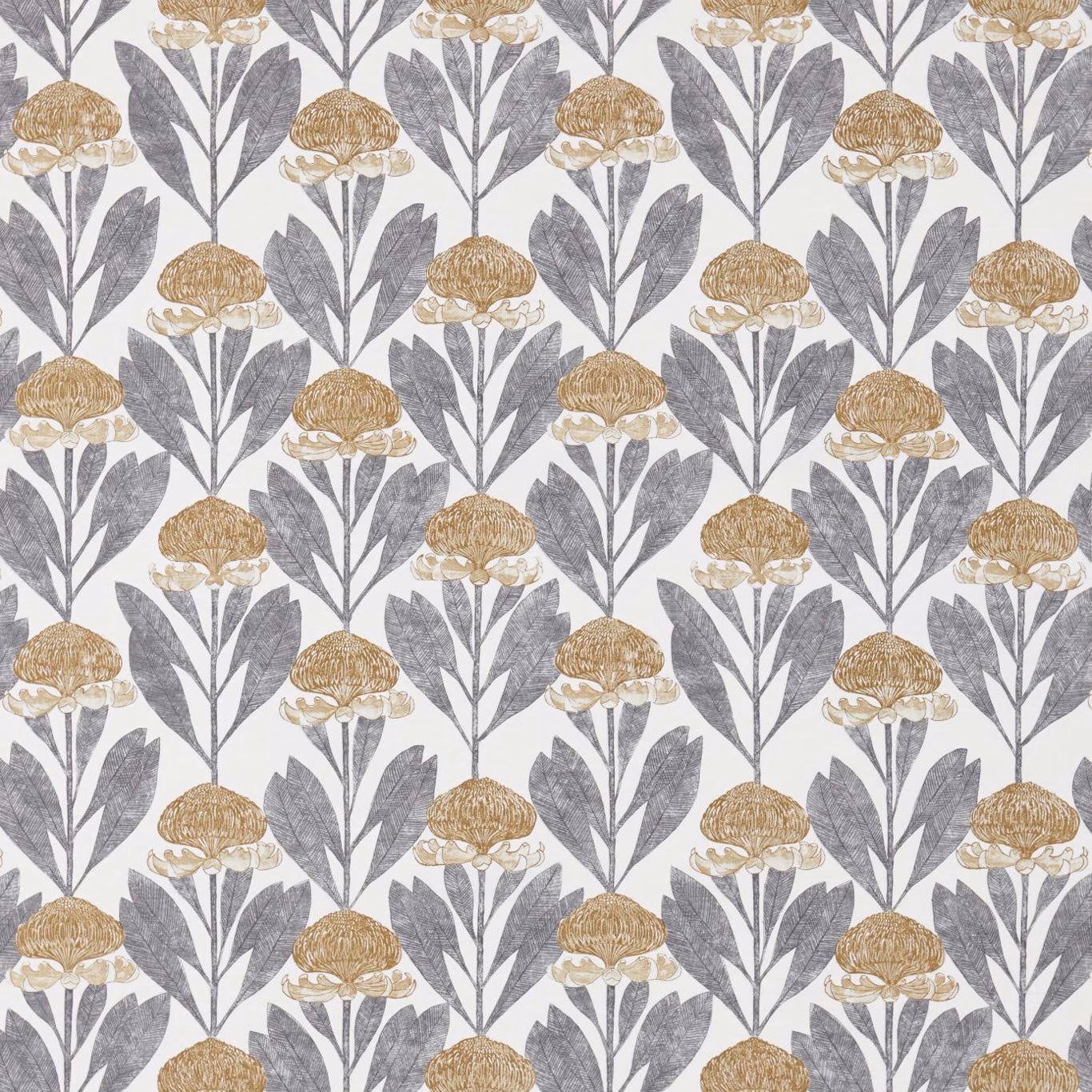 Almond and slate Protea floral repeat with warm ochre blooms and softly textured detail