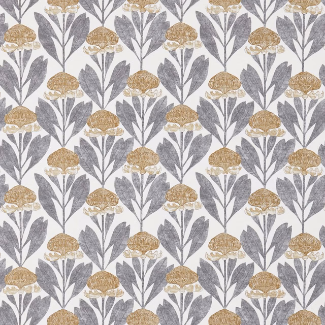 Almond and slate Protea floral repeat with warm ochre blooms and softly textured detail
