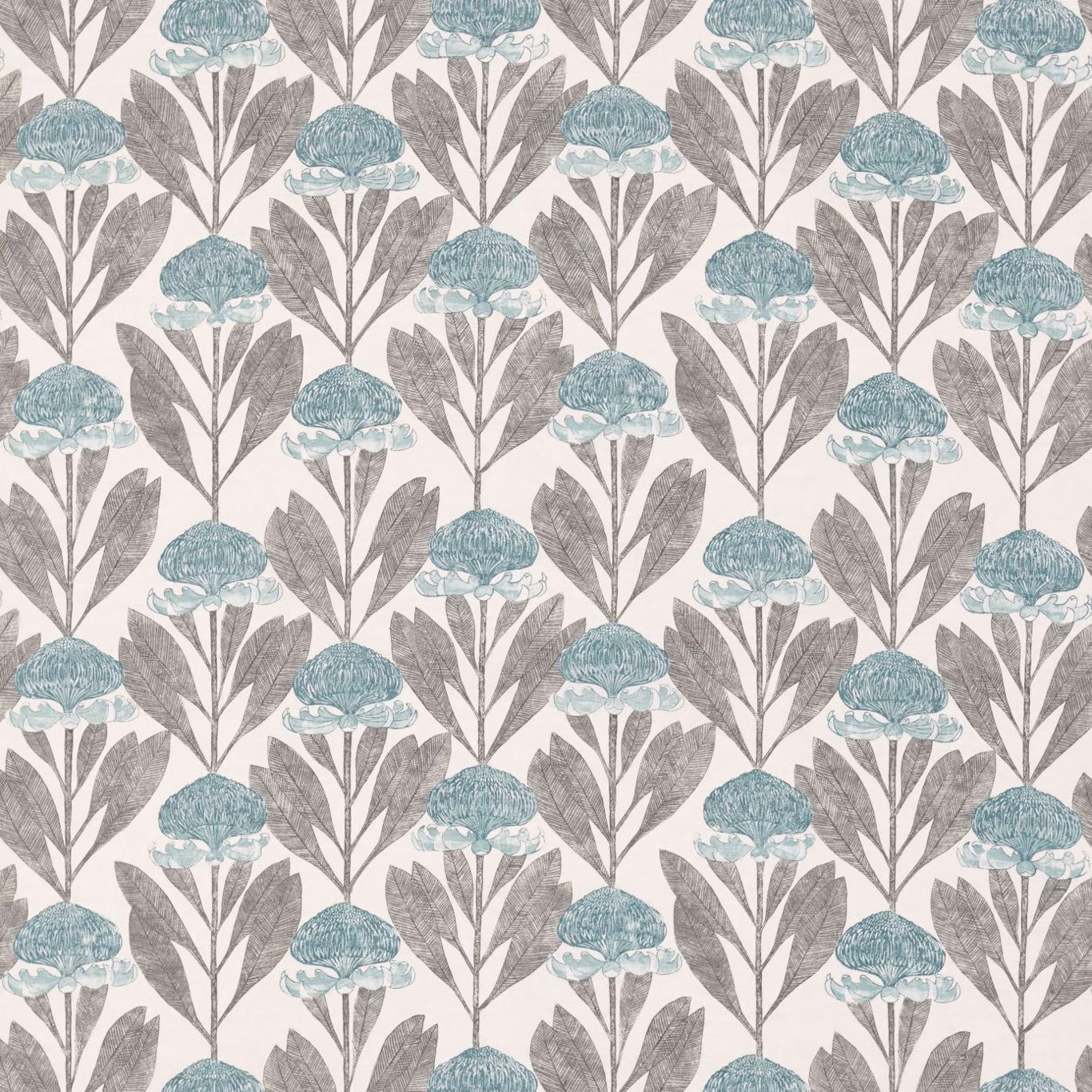 Seaglass-blue protea blooms with willow-grey leaves on an ivory ground