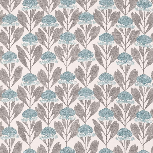 Seaglass-blue protea blooms with willow-grey leaves on an ivory ground