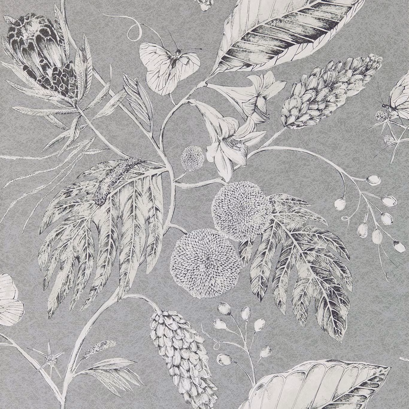 Steel-grey wallpaper with fine ivory botanical leaves, seedheads and blooms