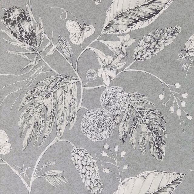Steel-grey wallpaper with fine ivory botanical leaves, seedheads and blooms