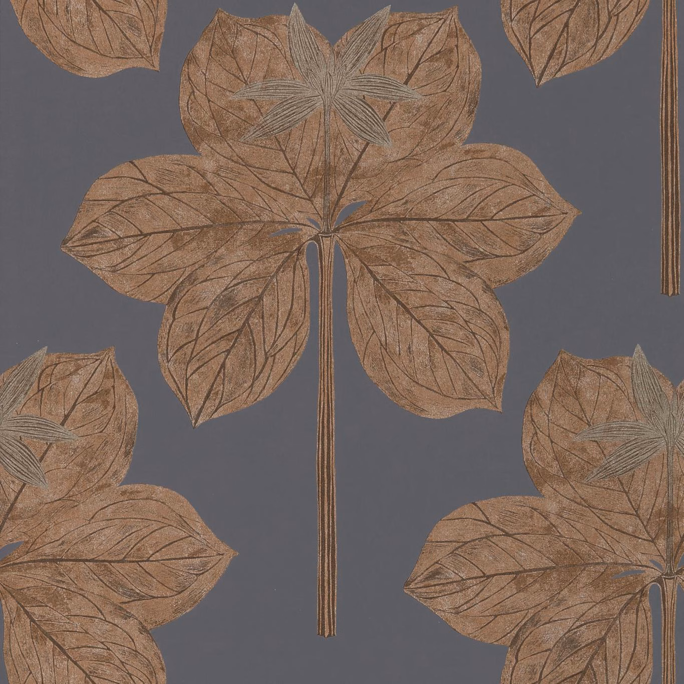 Warm russet leaves with etched veins and long stems on a slate-grey ground