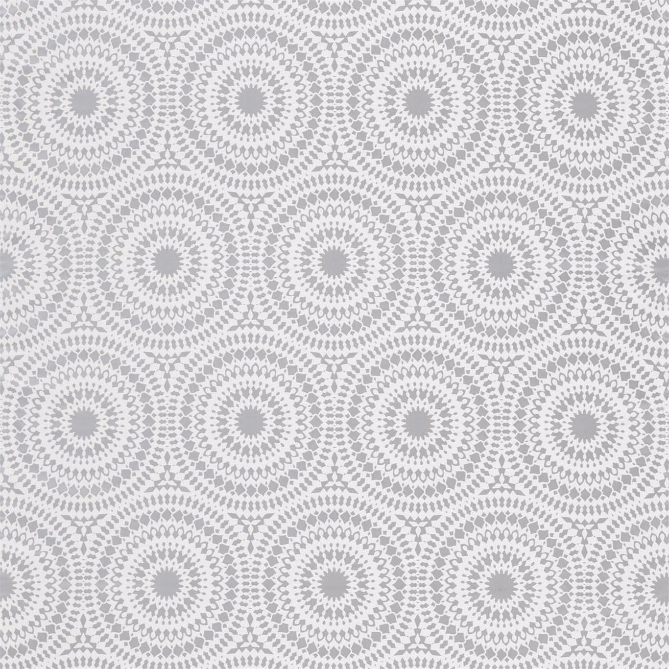 Pale powder-blue fabric with repeating grey rosette medallions and fine woven texture