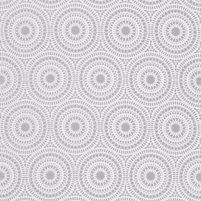 Pale powder-blue fabric with repeating grey rosette medallions and fine woven texture