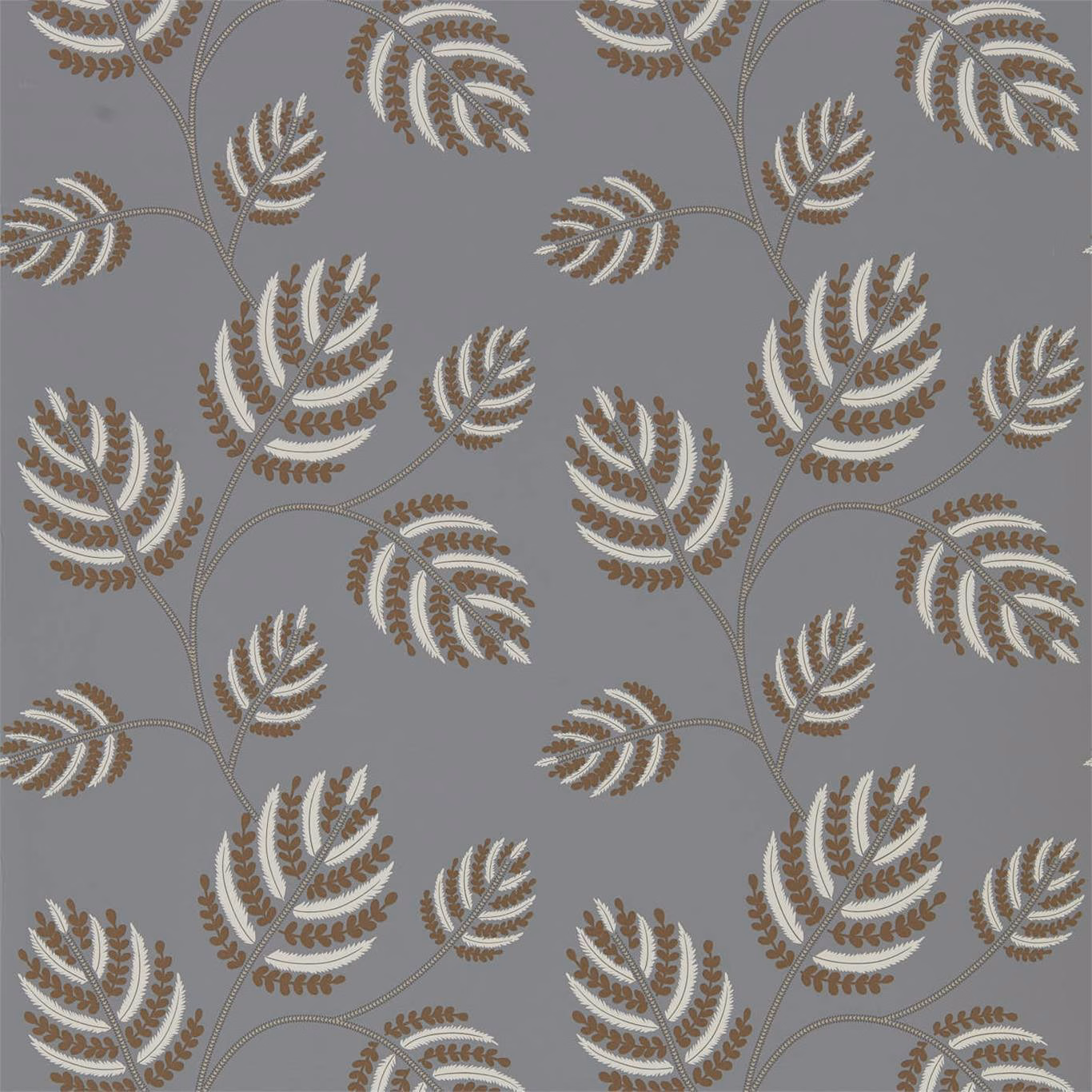 Cool French grey wallpaper with brass-brown and ivory feathery leaf sprays