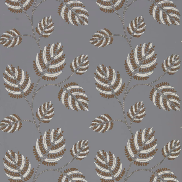 Cool French grey wallpaper with brass-brown and ivory feathery leaf sprays