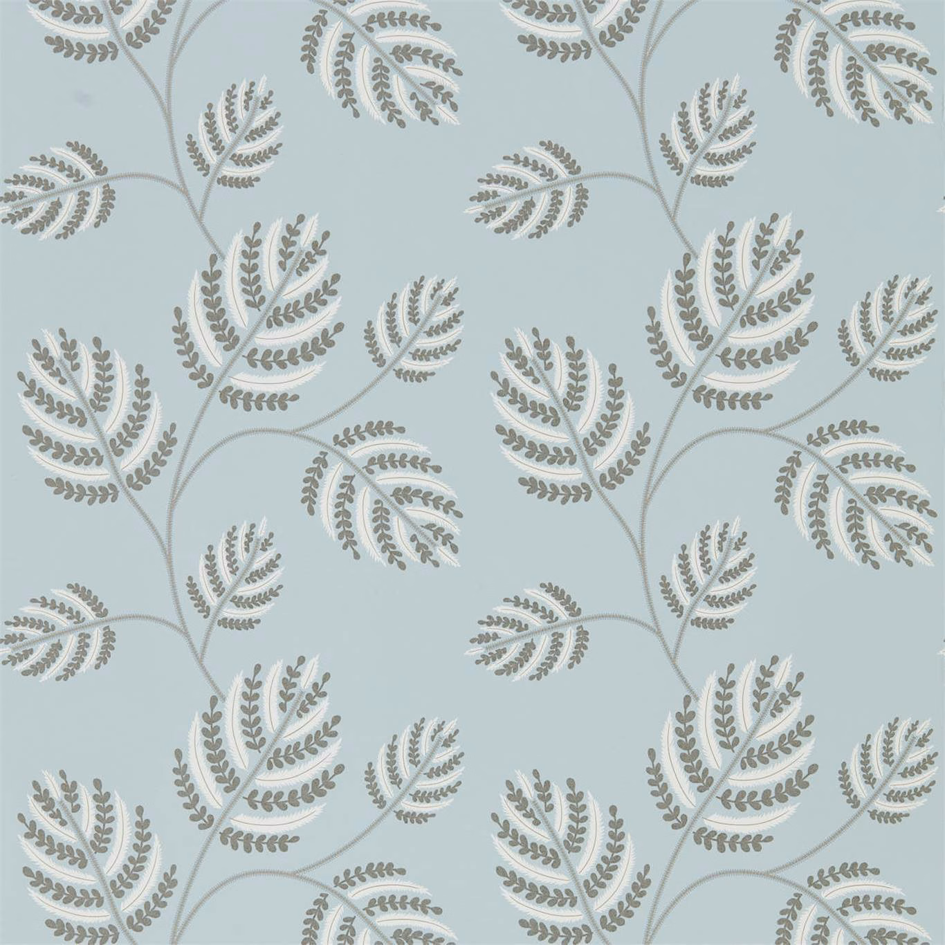 Pale seaglass wallpaper with silver-grey branching fern motifs on a cool ground