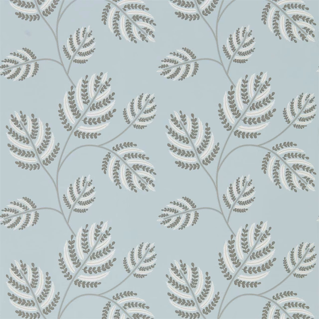 Pale seaglass wallpaper with silver-grey branching fern motifs on a cool ground