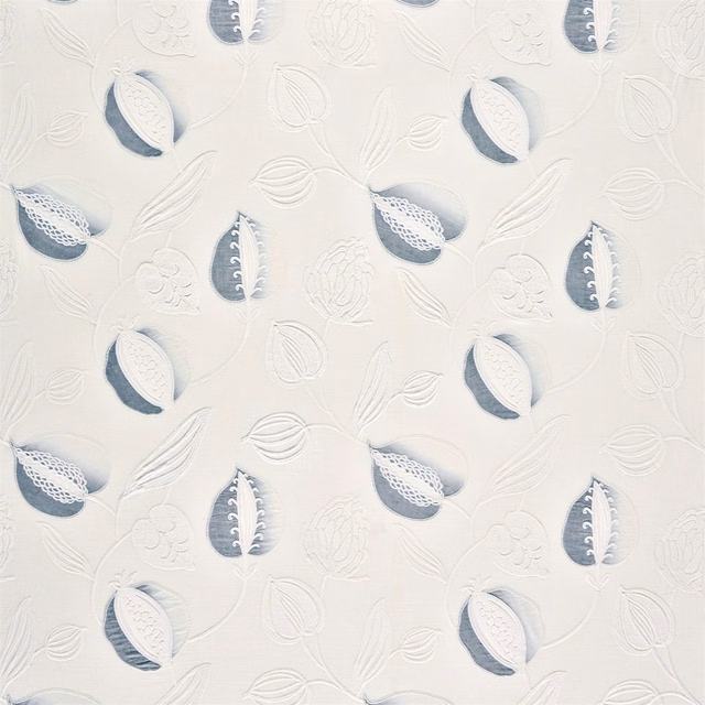 Ivory botanical fabric with raised powder-blue leaves and blue-grey shading