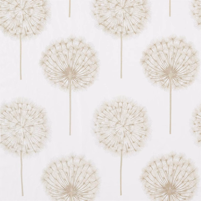 Chalk fabric with taupe dandelion heads, fine stems and feathery seed detail