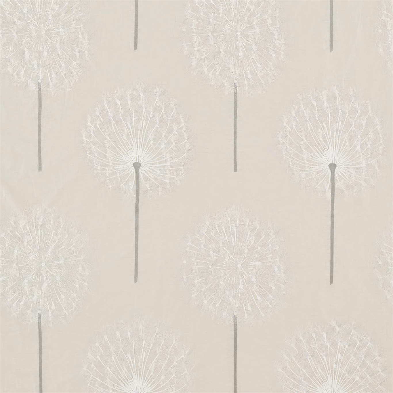Pale linen fabric with white dandelion heads and slender pewter-grey stems