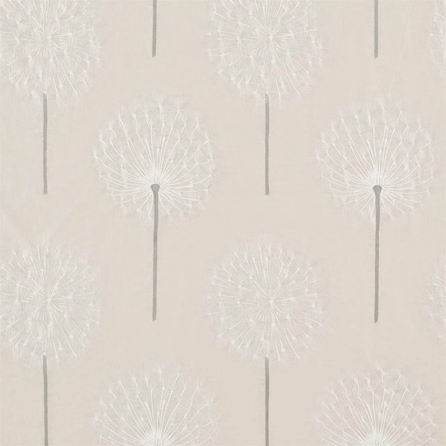 Pale linen fabric with white dandelion heads and slender pewter-grey stems