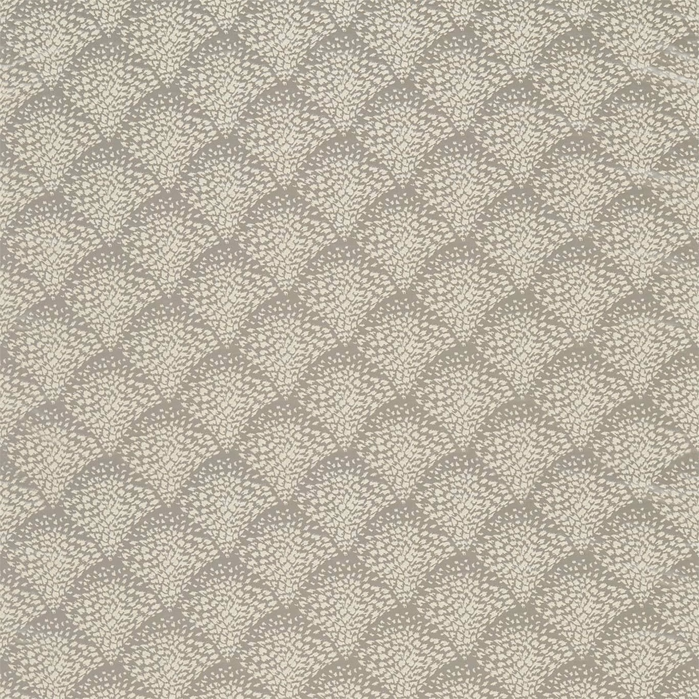 Muted pewter fabric with pale flecked leaf clusters in a fine tonal weave