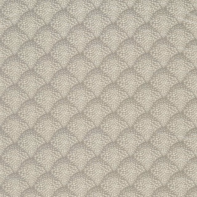 Muted pewter fabric with pale flecked leaf clusters in a fine tonal weave